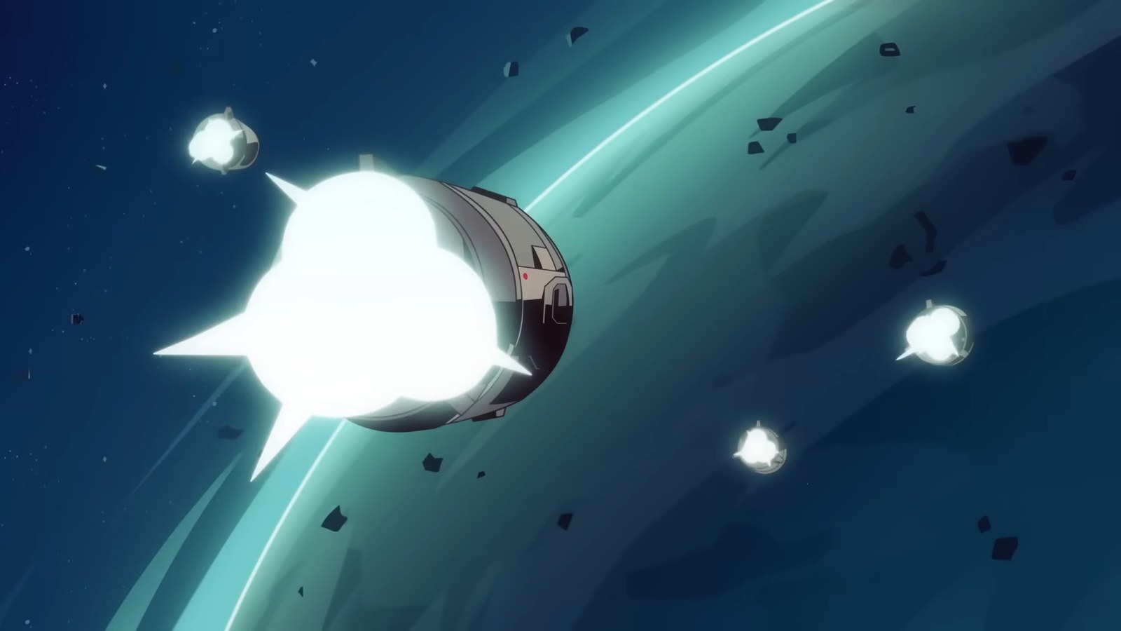 Una nave estalla sobre un planeta mientras se alejan unas cápsulas. Imagen del tráiler de Risk of Rain Returns.