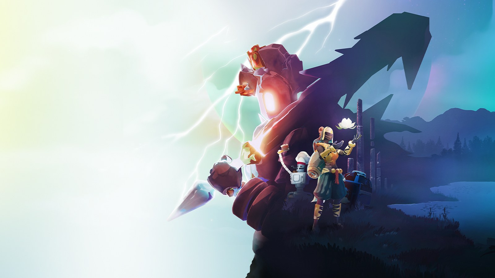 Arte clave de Seekers of the Storm: el Hijo Falso, con la Buscadora y CHEF a sus pies.